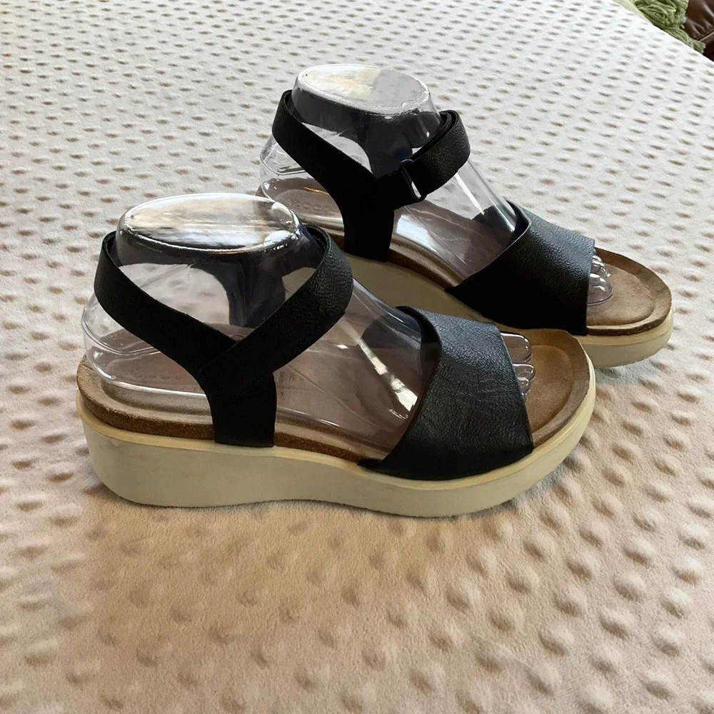 ECCO Corksphere Sandal Womens 8-8.5 Black Leather Wedge Platform‎ Ankle Strap